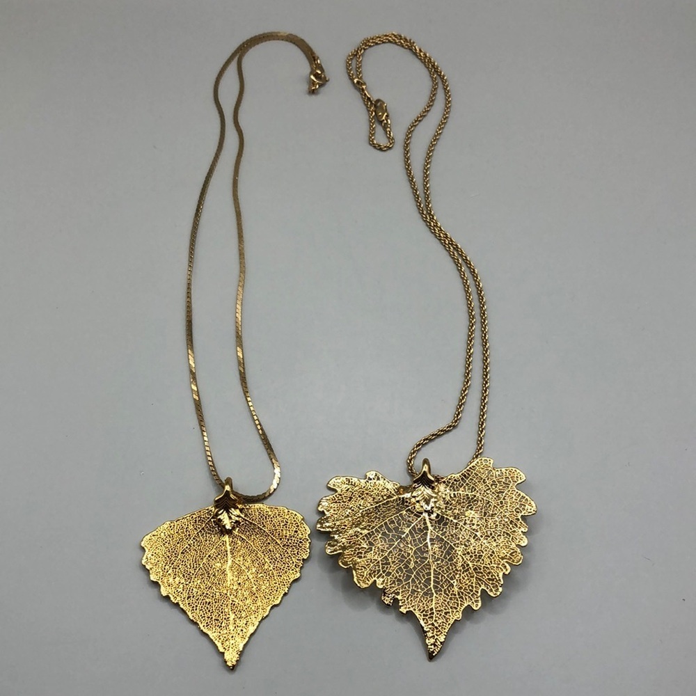 Bundle 2 gold plated filigree leaf pendant necklaces - vintage elegant dainty